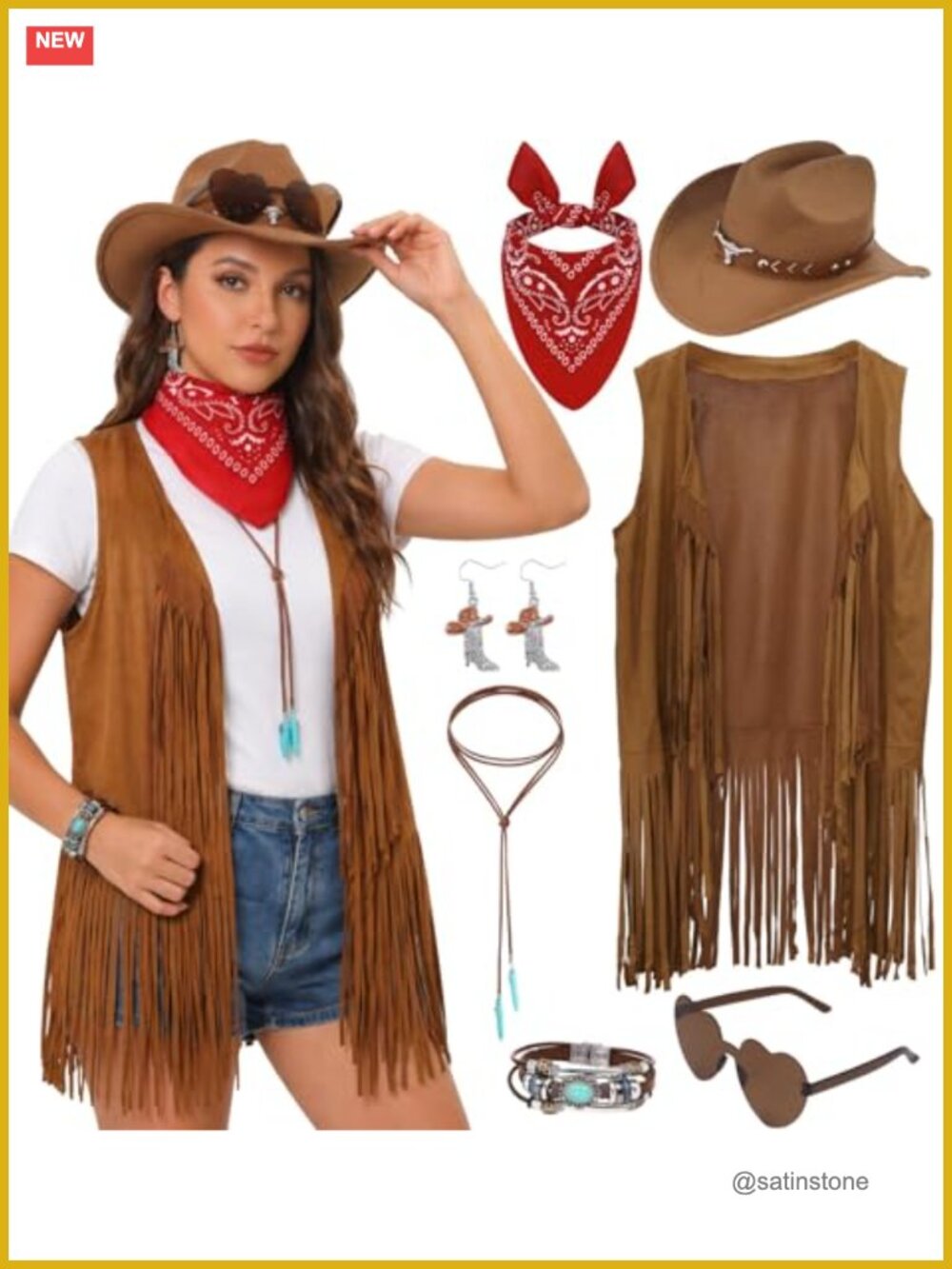 7PCS Western Cowgirl Costume Set Fringe Vest Hat Faux Suede Accessories